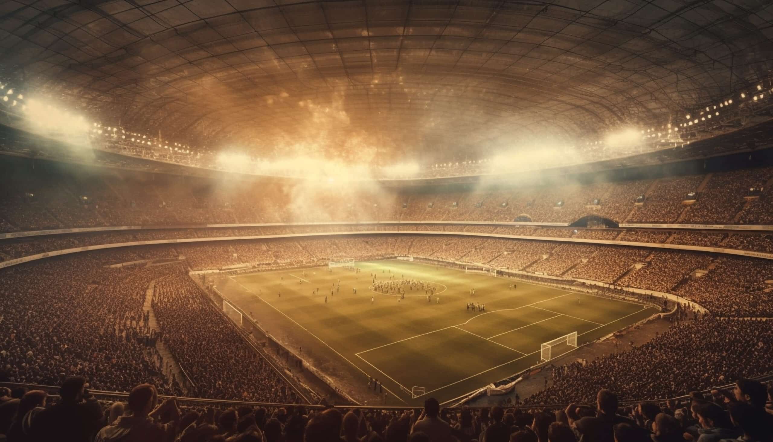 Bright floodlights illuminate crowded soccer championship game generated by artificial intelligence