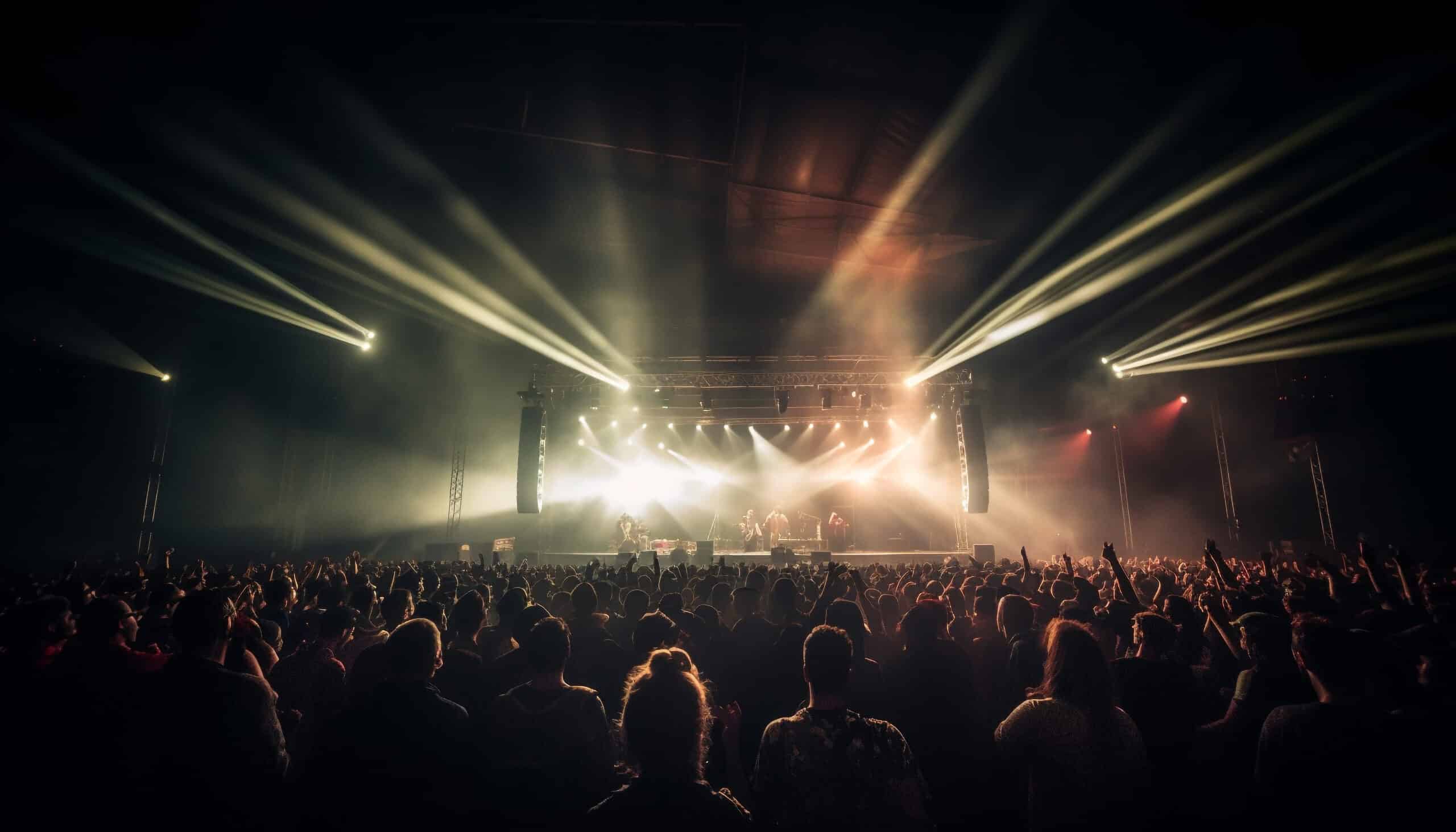 Glowing stage light illuminates cheering rock fans generated by artificial intelligence